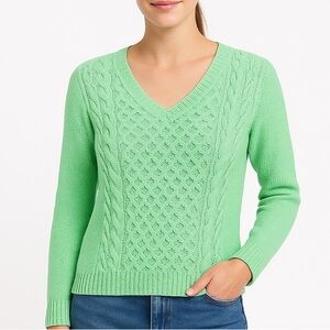 Ruby Moon Mint Green 100% Cotton Cable Knit V-Neck Sweater – Women’s Medium